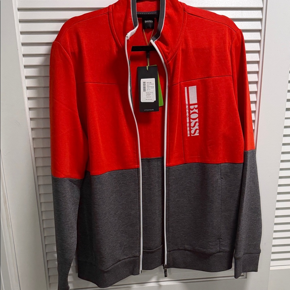 BOSS Men's Zip-Up Sweater in Red and Gray BRAND NEW size Medium
